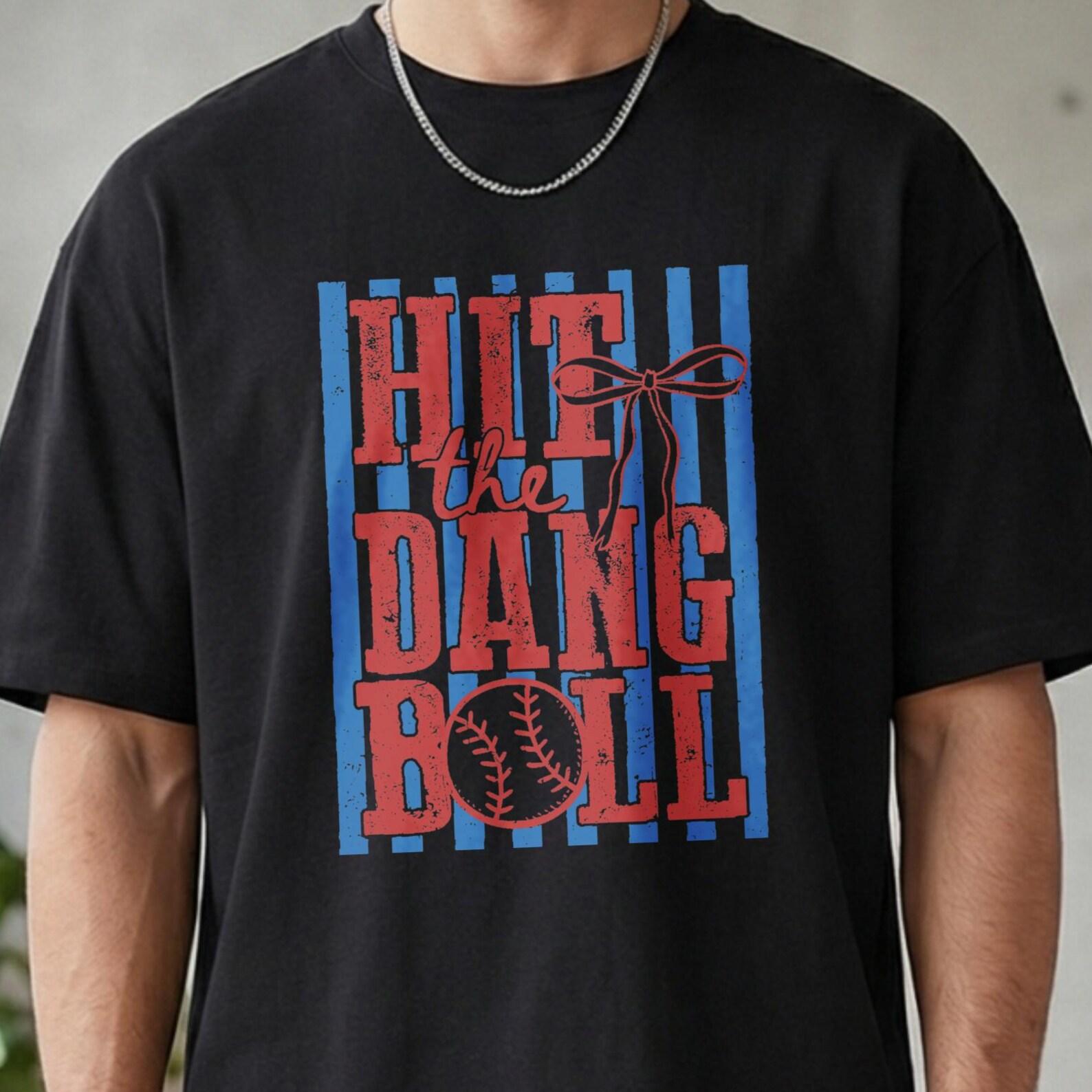 Hit The Dang Ball Retro Baseball T-Shirt, Funny Coquette Bow Game Day Tee, Vintage Distressed Blue Red Striped Baseball Fan Shirt S