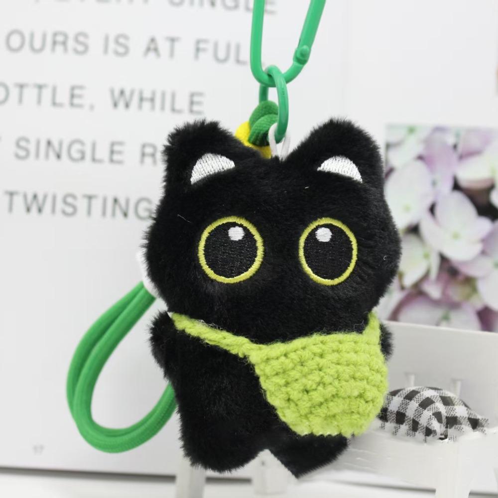 With Woven Bracelet Cat Pendant Squeak Car Key Ring Cute Black Cat Plush Doll Keychain  Gifts