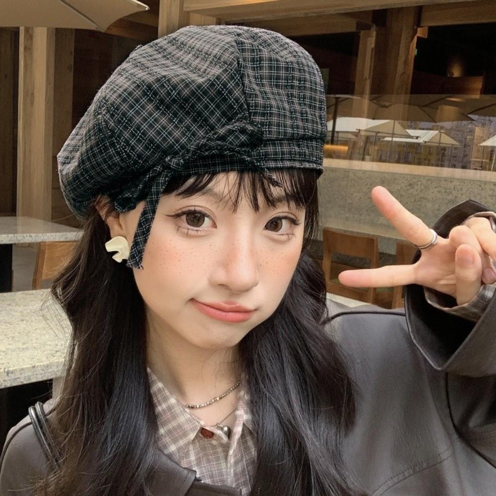 Bow Women Painter Hat Korean Style Women Octagonal Cap Artistic Plaid Beret Hat  Artist