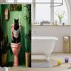 3D Black Cat Shower Curtain Green Plants Patchwork Geometric Plaid Bathroom Curtain for Kids Teens Adults Cute Pet Animal Mode