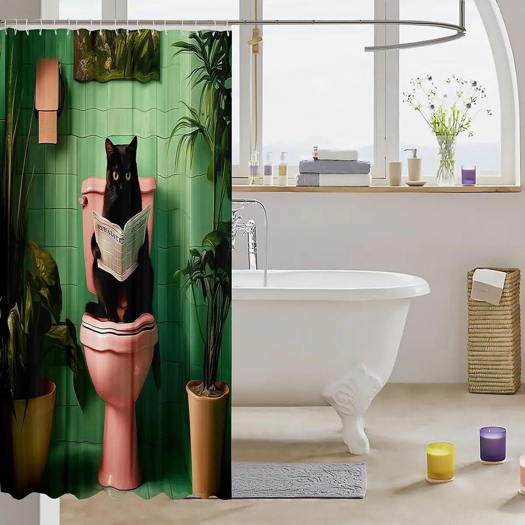 3D Black Cat Shower Curtain Green Plants Patchwork Geometric Plaid Bathroom Curtain for Kids Teens Adults Cute Pet Animal Mode