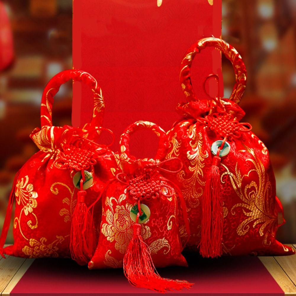 Wrist Bag Canvas Flower Drawstring Bag Chinese Style New Year Bucket Bag Festive Sugar Bag Party