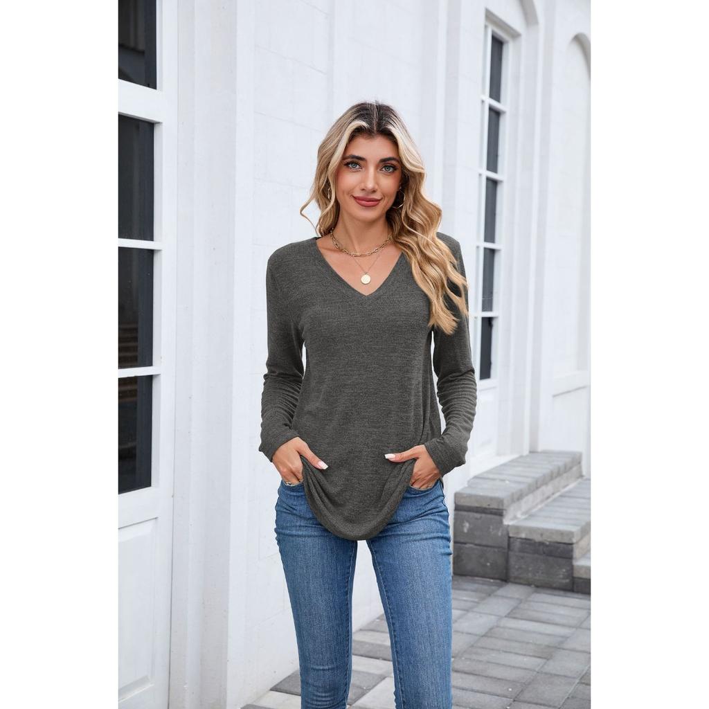 Fall Winter New Solid Color V-Neck Loose Long Sleeve T-Shirt Top for Women Cross-Border Casual Wear Ready to Ship