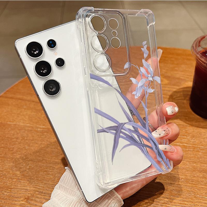 S25 Ultra Case Blue and White Flowers Pattern Clear Soft Cover For Samsung Galaxy S25 Edge S24 Ultra S23 S22 Plus S21 FE Capa Funda