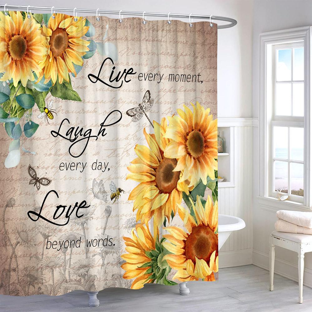 Watercolour Sunflower Shower Curtain Eucalyptus Leaf Butterfly Flower Cloth Bath Curtains Autumn Rustic Botanical Bathroom Decor