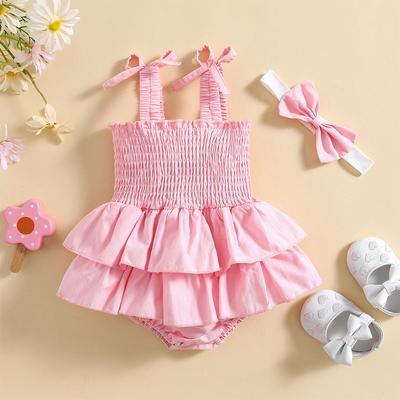 Newborn Baby Girl Romper Sleeveless Ruched Strappy Solid Color Onesie Infant Summer Clothes Bow Headband