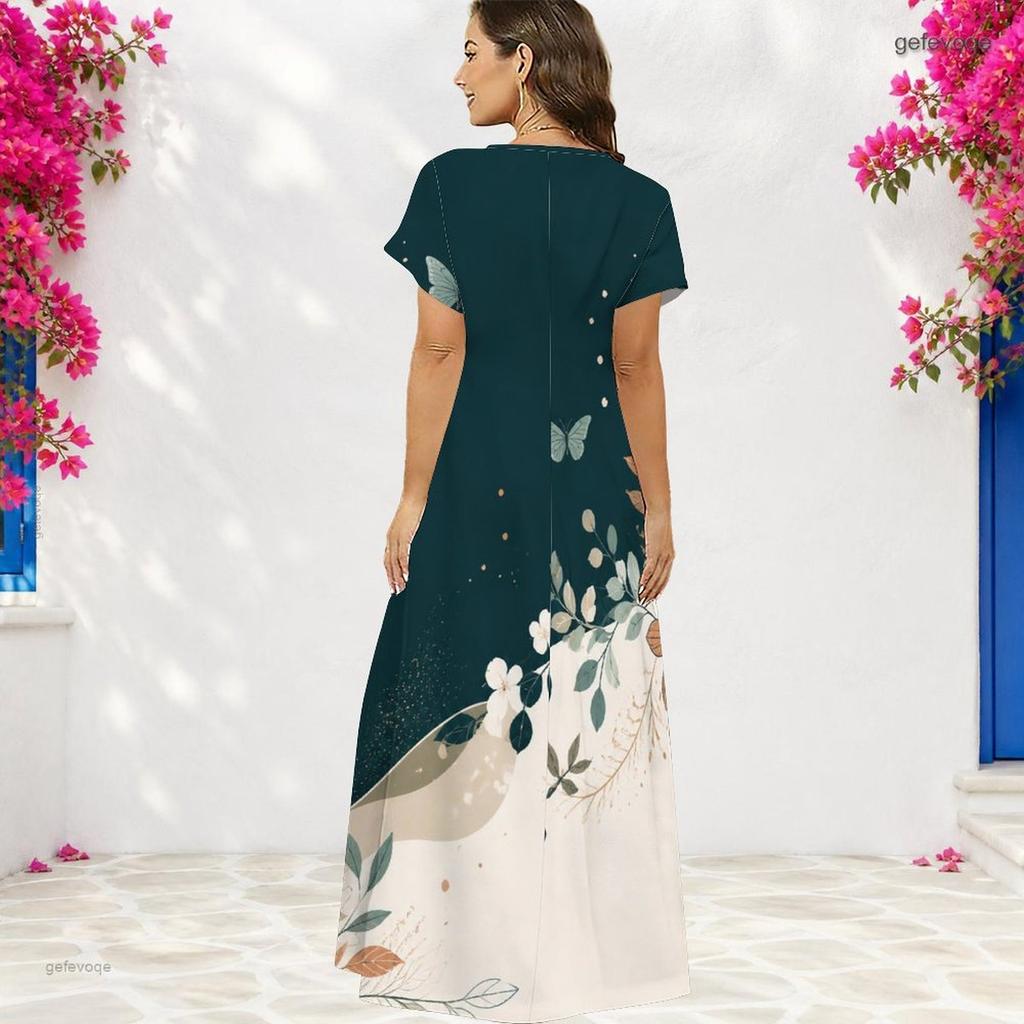 Women Plus Size V Neck Short Sleeve Butterfly Floral Printed Straight Maxi Dress