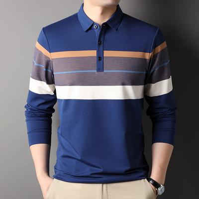 Autumn New Men's Long-sleeved T-shirt Fashionable Lapel Striped Business Casual Bottoming Shirt Comfortable Loose Elastic T-shirt for Men