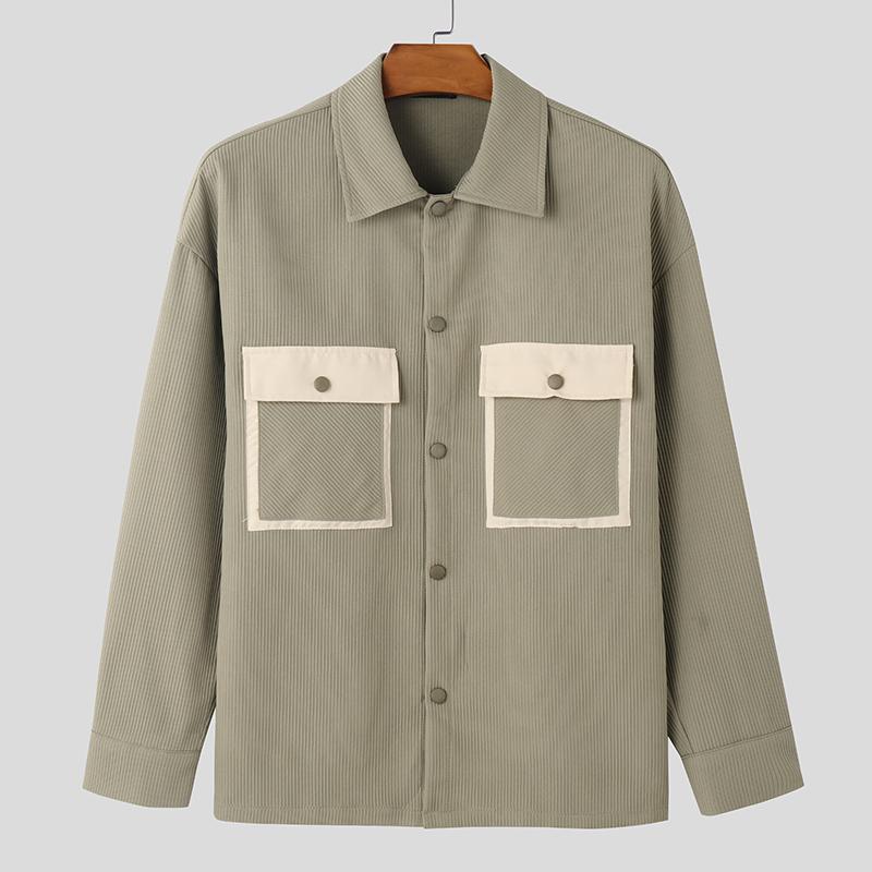 INCERUN Oversized Spring Men Long Sleeve Lapel Patchwork Buttons Up Texture Shirts