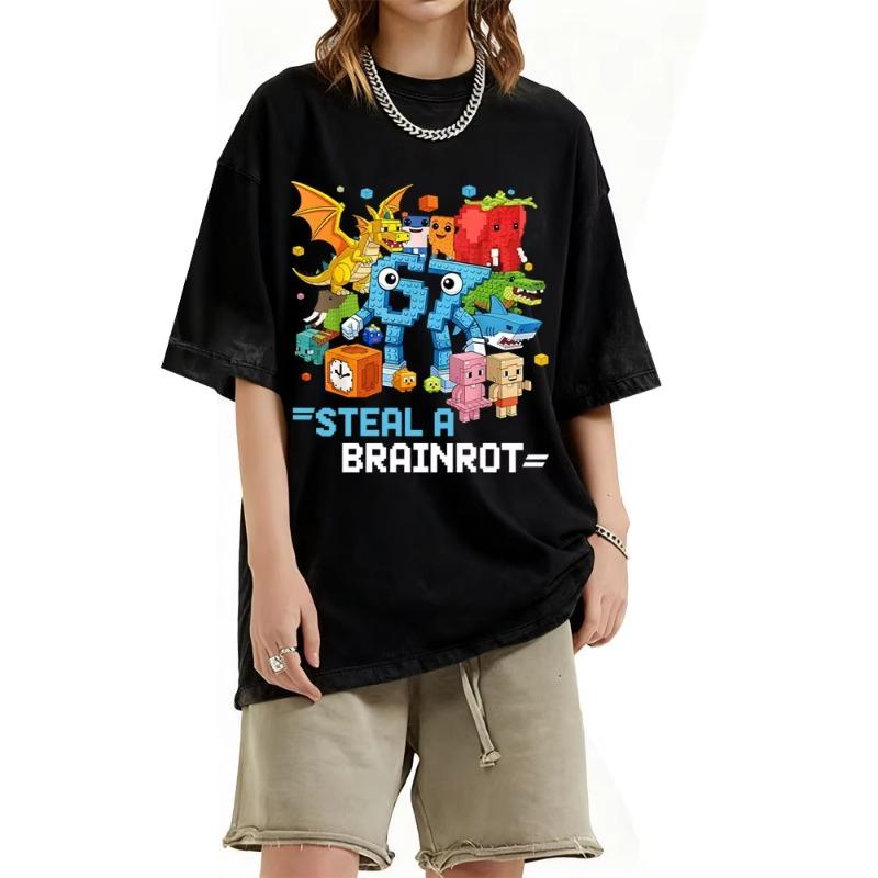 Funny Six Seven Italian Brainrot 67 Number Graphic Vintage Washed T-shirt Bruh Steal A Bratnrot T Shirts Men Women Fashion Tees