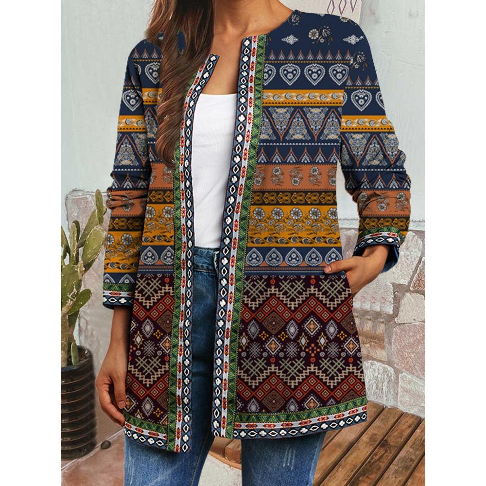 GMXIA Herbst Winter Vintage Ethnischer Stil Druck Übergröße Jacke Strickjacke Damenbekleidung
