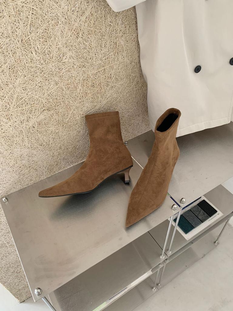 High Heel Pointed Suede Khaki Skinny Boots Short Boots Women's Shoes 2025 New Spring and Autumn Single Boots Korean Small Naked Boots
