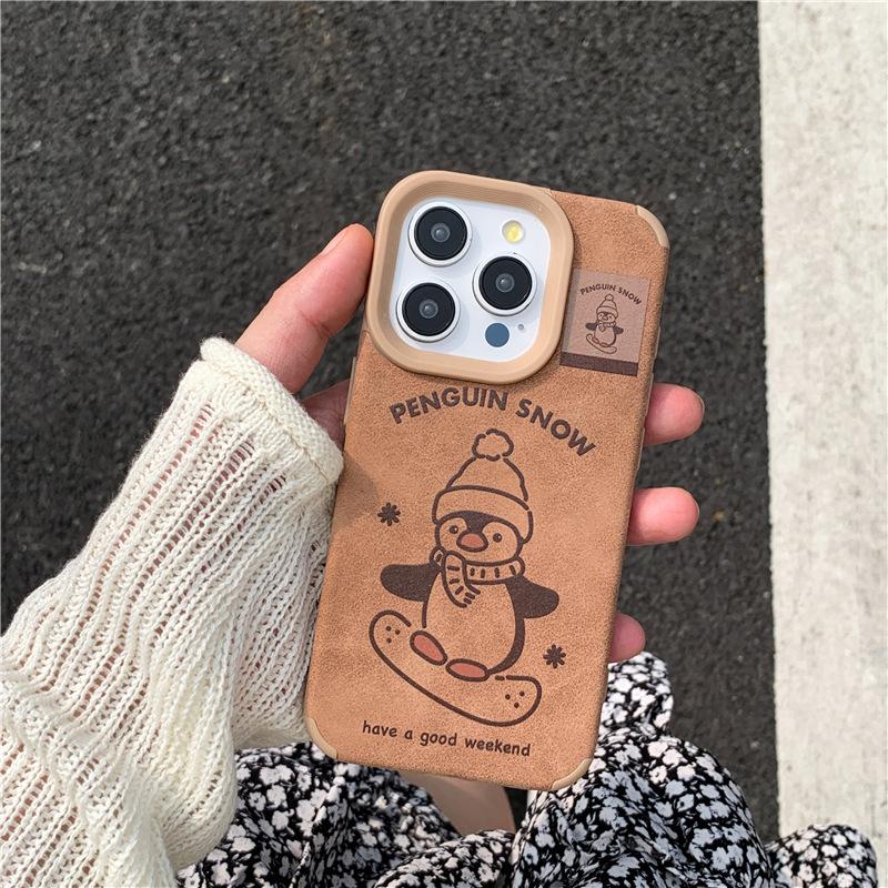 

Autumn and Winter Brown Skateboard Penguin Suitable for 12 Apple 16 Mobile Phone Case IPhone 15 ProMax Anti-fall 14 Anti-fall 13 Apple XS