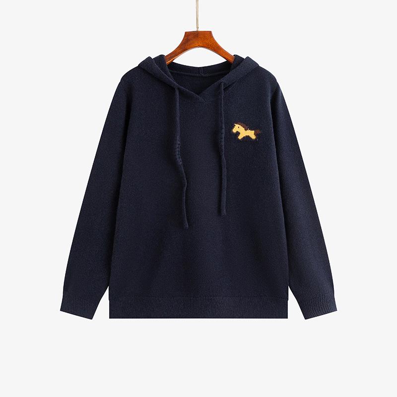 Plus Size Women s Winter Hooded Jacquard Horse Knit Pullover Sweatshirt XL (60-80kg) темно-синий