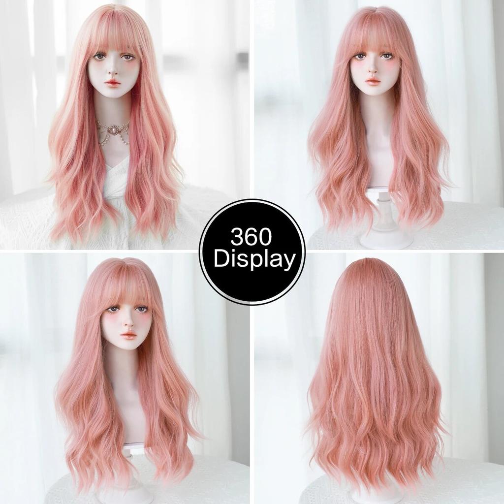 PERRUQUES Perruque rose longue ondulée pour femmes Fête quotidienne Perruques de cheveux synthétiques d'aspect naturel avec frange moelleuse 24 pouces