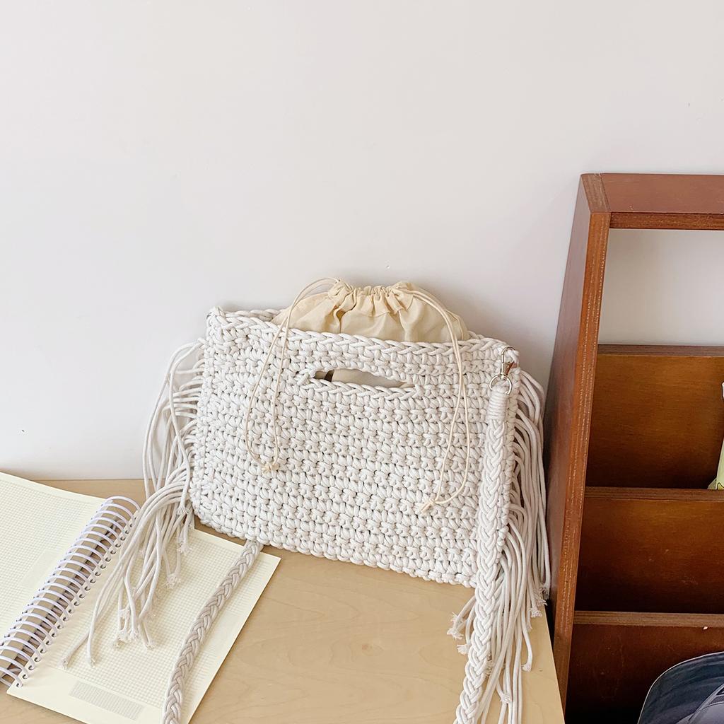 New cotton thread crochet shoulder bag pattern tassel woven bag large capacity shoulder tote women's bag tide