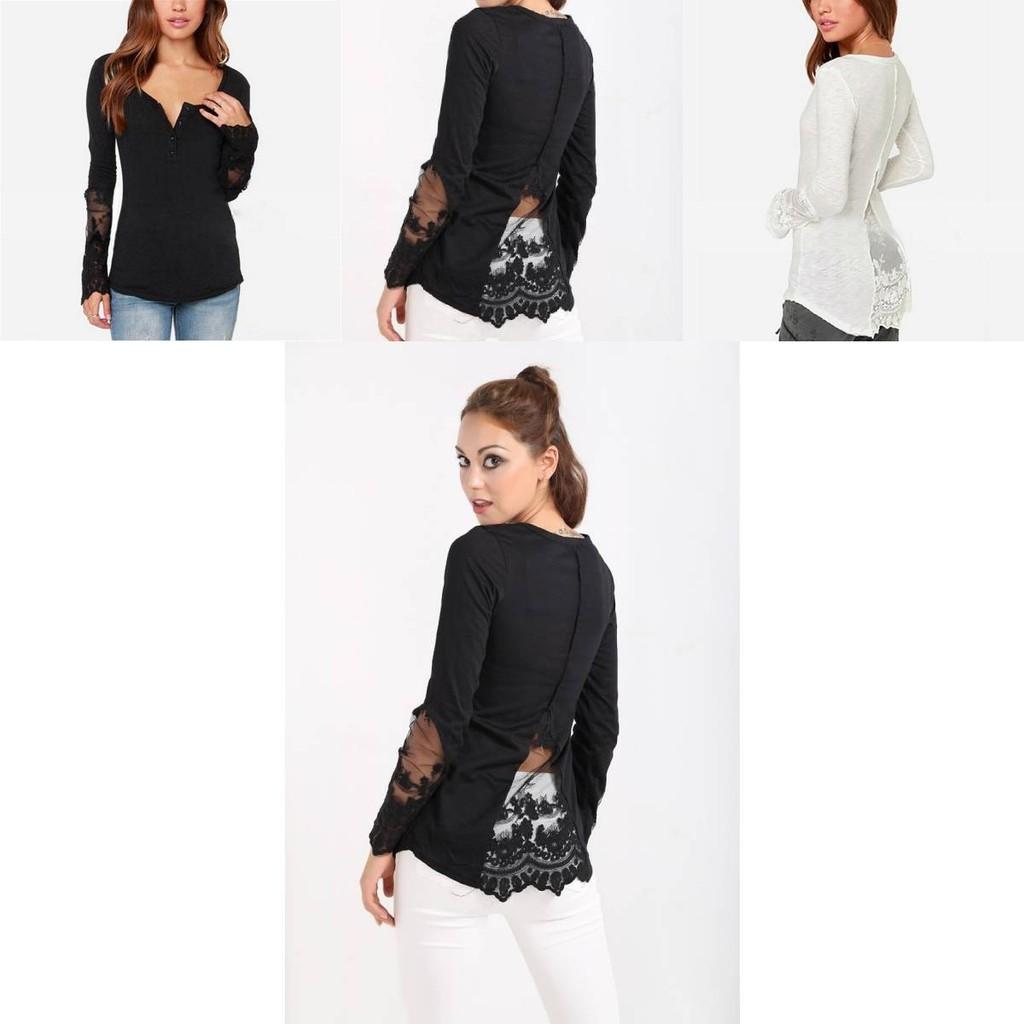 Elegant Lace Stitching Women's T-shirt Slim Fit Long Sleeve Cotton Top