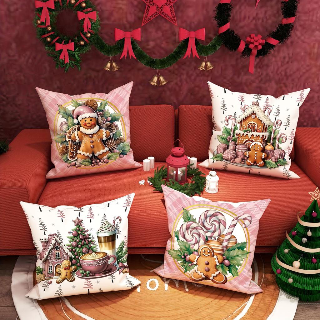 Christmas Themed Pillowcases: Gingerbread, Candy Canes, and Cozy Holiday Scenes Sofa Room Cushion Cover Home Decoration Gift