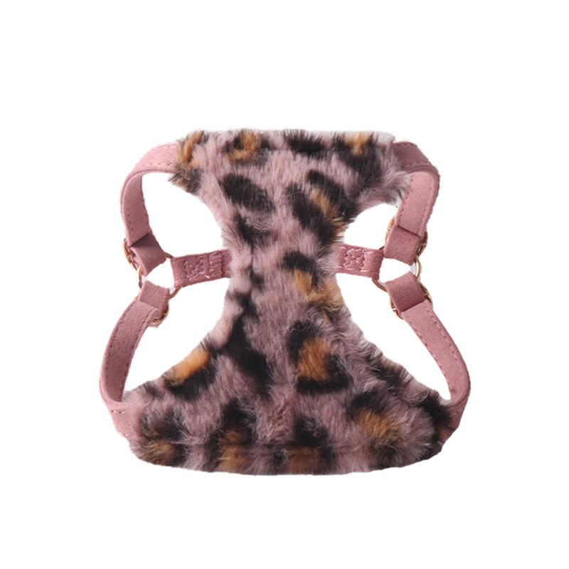 New Arrival Leopard Print Dog Harness & Leash Set - Faux Rabbit Fur Pet Harness Pet Leash with Dual Buckles Safety