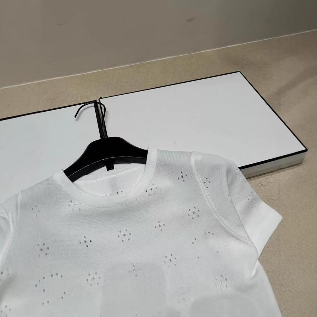 European Style High-Quality Perforated Logo Round Neck Knit Short Sleeve Casual Top for Women - 2026 Summer New Arrival