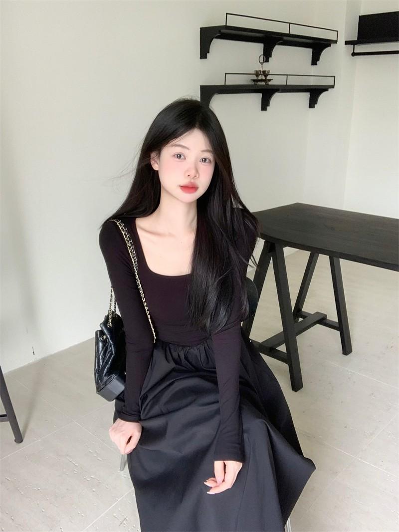 

[Original Tmall Quality] French Temperament Square Neck Dress Women s Wear Waist Skinny Inner Bottom Long Sleeve Dress S чёрный