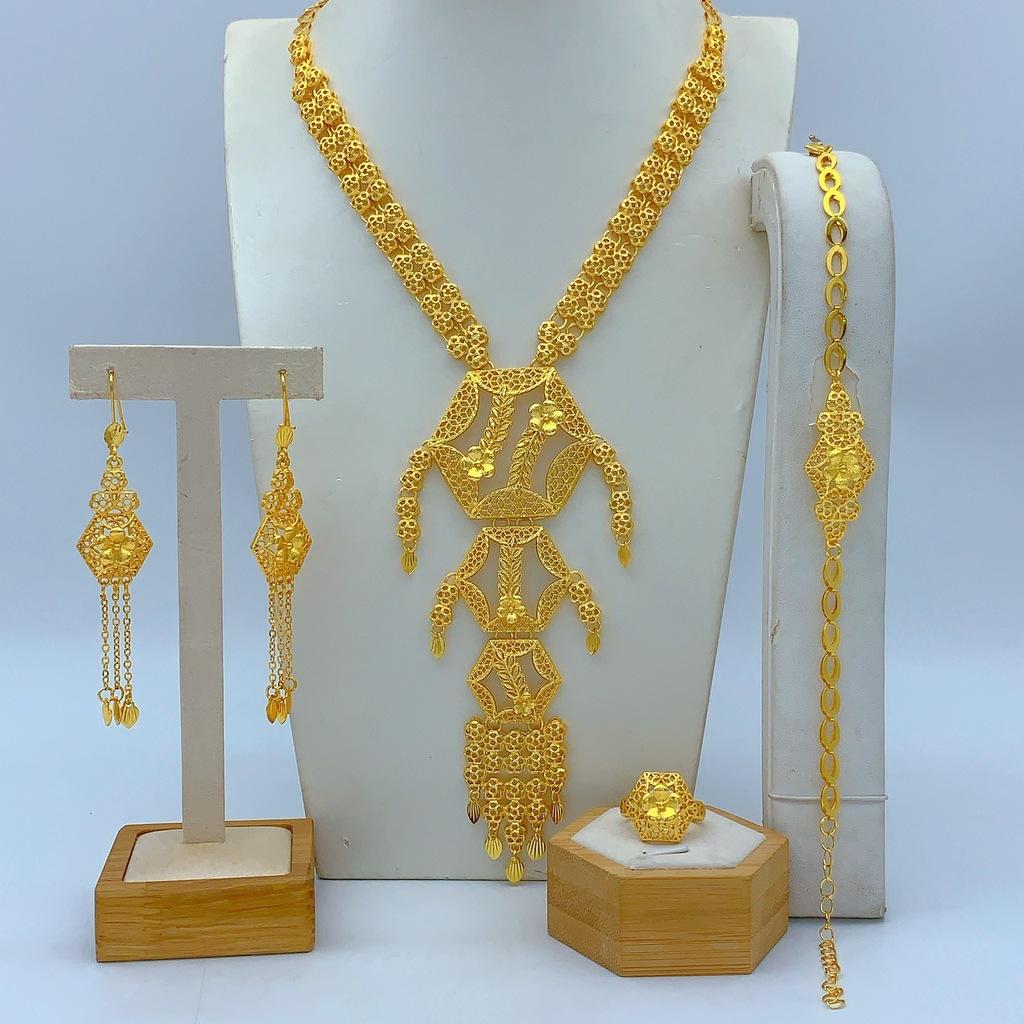 UAE Dubai Indian Bride Gold Plated 24K Gold Jewelry Four Piece Women s Necklace Bracelet Earrings Ring 2026 53CM