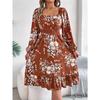 QICED Spring Summer Elegant Flower-patterned, Long-sleeved, Waist-cinched, Ruffled A-line Dress for Women's Wear