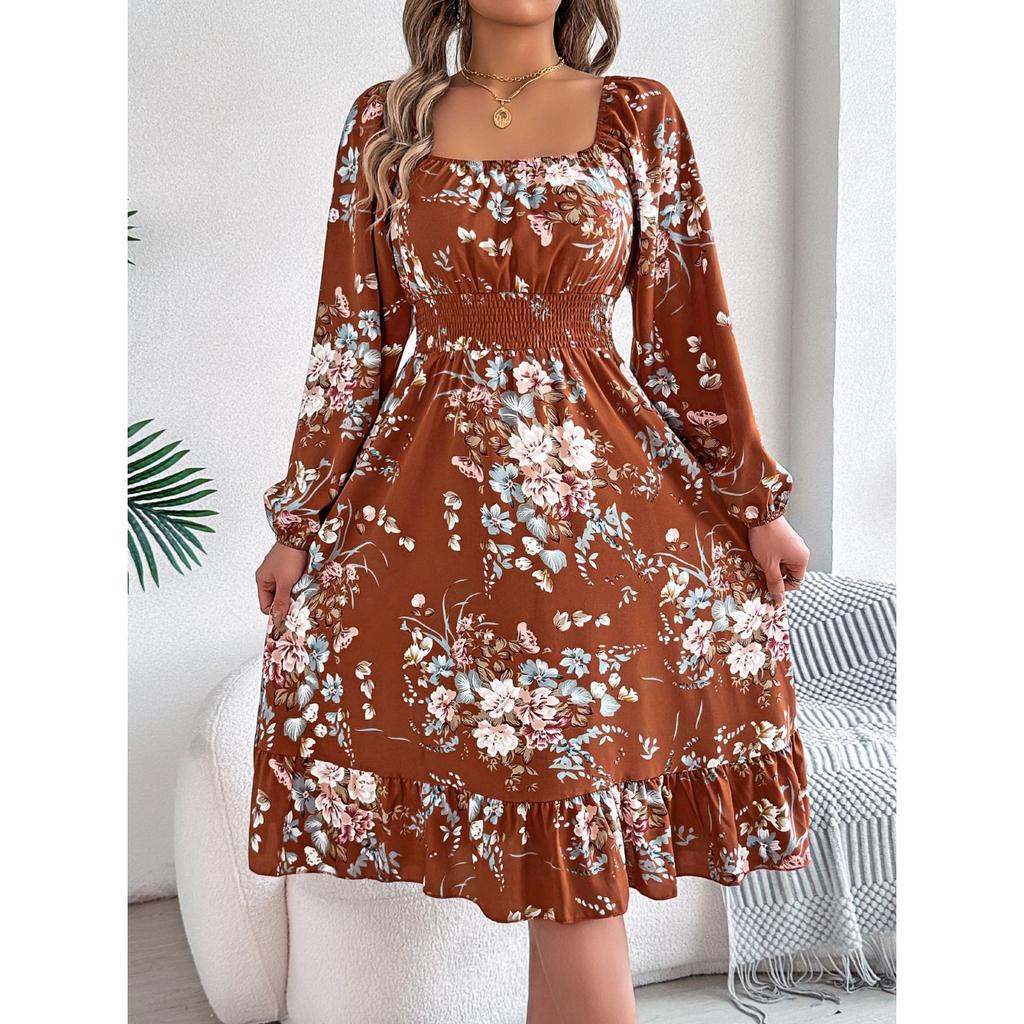 QICED Spring Summer Elegant Flower-patterned, Long-sleeved, Waist-cinched, Ruffled A-line Dress for Women's Wear
