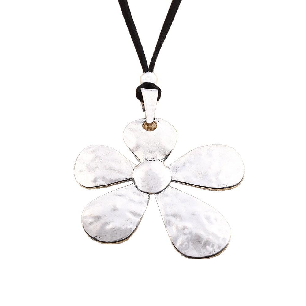 Ethereal Flower Pendant Necklace: Ethnic Black Cowhide Rope with Retro Alloy Chain