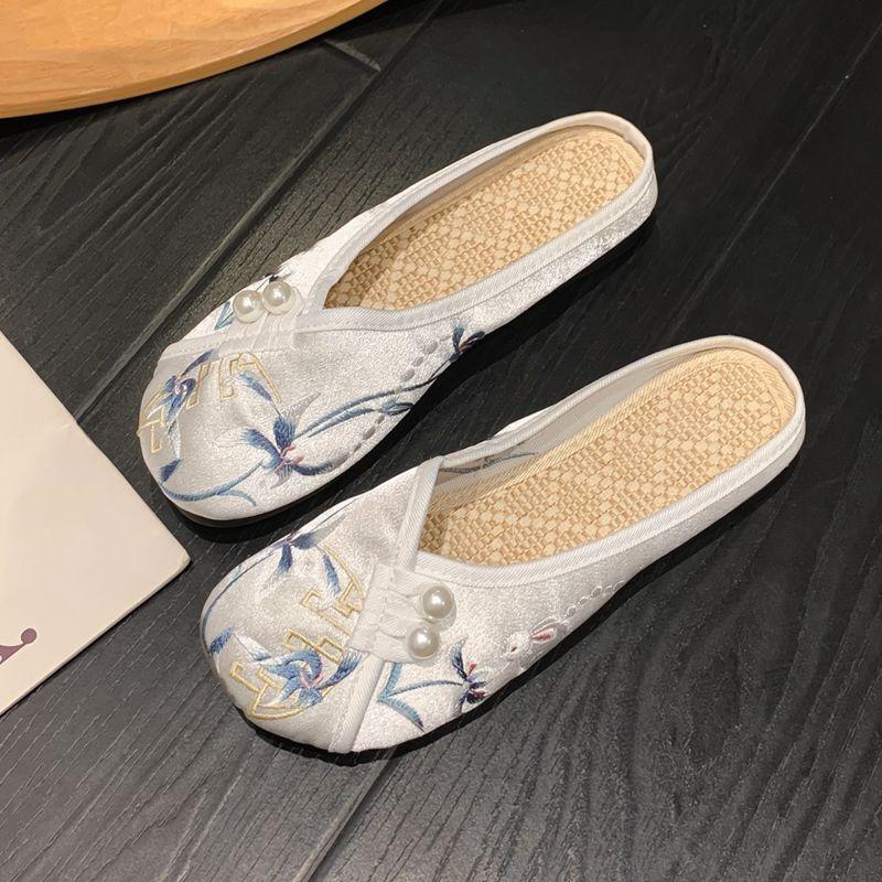 Женские тапочки весна осень мягкая подошва Баотоу балетки вышитые домашние тапочки повседневная обувь для женщин этнический стиль уличные тапочки 35