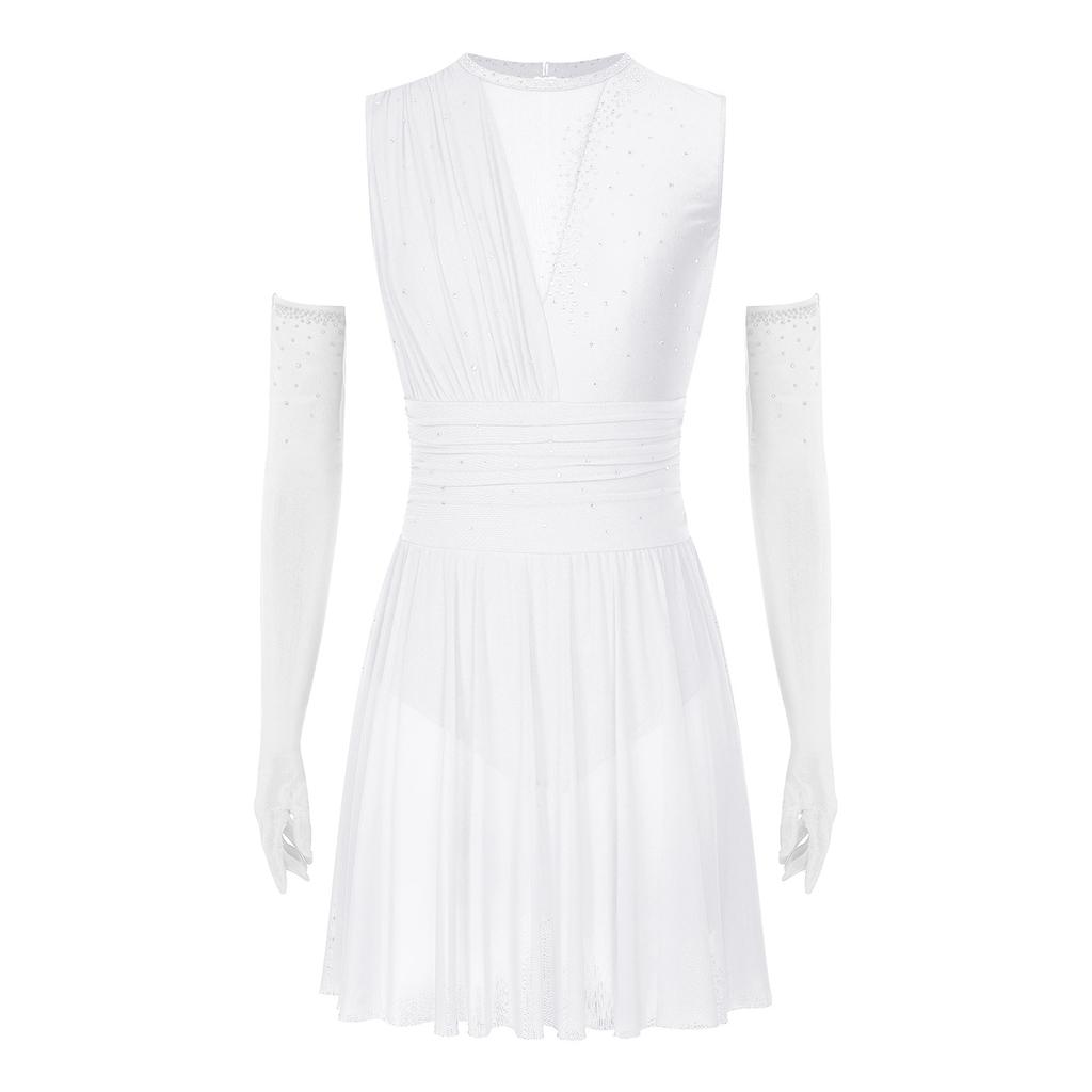 Damska sukienka do łyżwiarstwa figurowego Długie rękawiczki Bez rękawów Błyszczące cyrkonie Odkryte plecy Spódnica Trykot