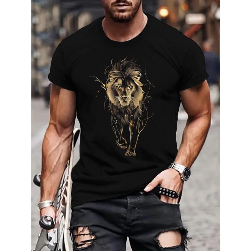 Men's Golden Line Lion 3D Printed T-Shirt Casual Short Sleeve Crewneck Top Cool Abstract Gold Silhouette Animal Graphic Tee Hip Hop Streetwear