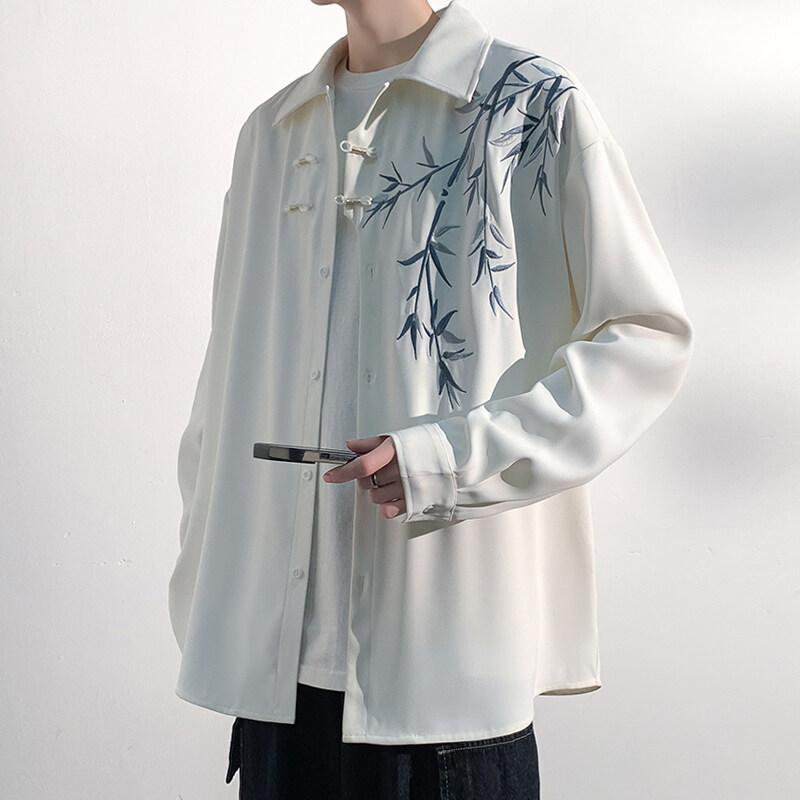 Pánská volná ležérní košile s výšivkou květin Streetwear Oversized Pohodlná Jaro Léto Módní Trendy Stylový Top Oblečení