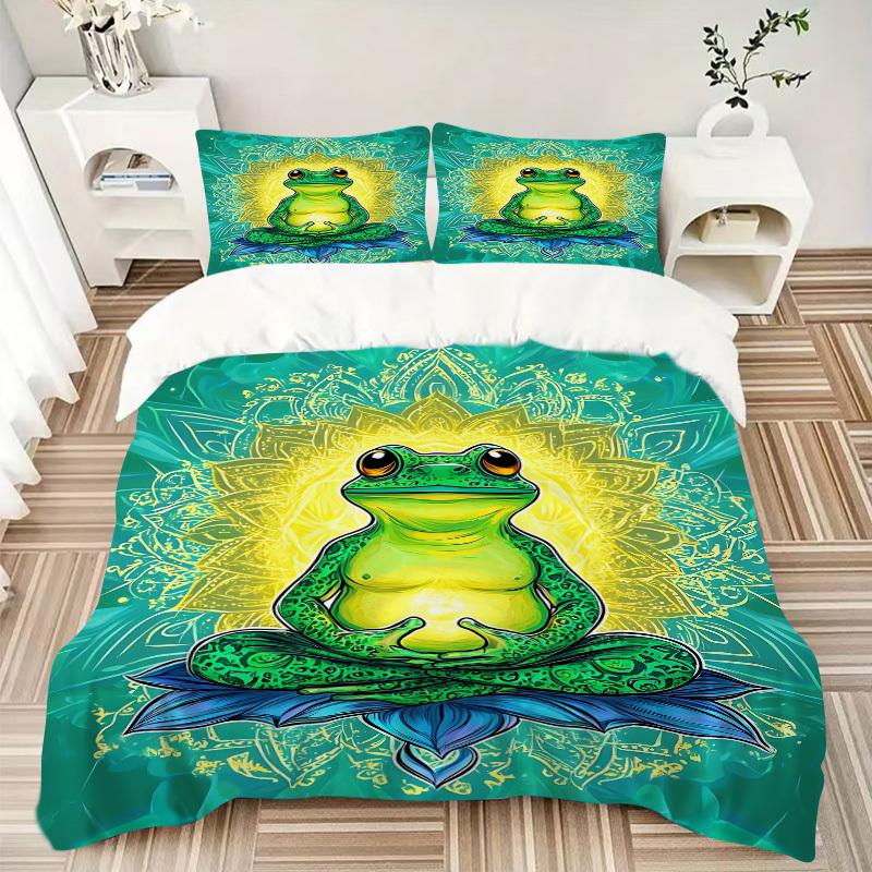 3pcs Meditation Frog Bedding Set - 1 Duvet Cover + 2 Pillowcases(Core Not Included), Machine Washable Polyester Yy251216167
