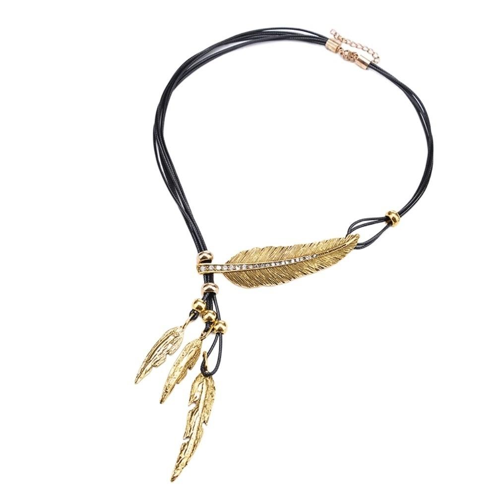 

Zinc Zinc Alloy Golden Feather Necklace Rhinestone Leaves Neck Pendant Leather Rope Tassel Necklace Couple Golden and Black