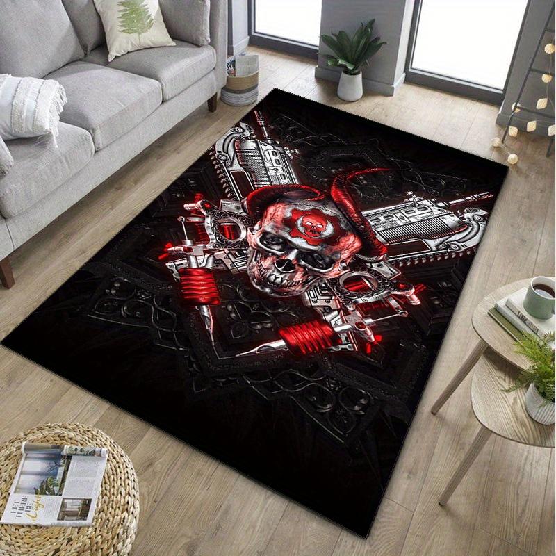 Steampunk SkullRug for IndustrialStyleRoomsBold Red and Black Mechanical Art forEdgyDecor Anti Slip Carpet Can Be Machine Washed