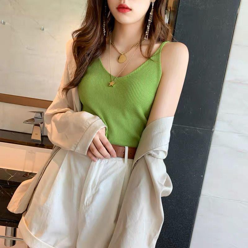 Summer V-Neck Slim-Fit Knitted Camisole Vest: Women s Backless Sexy Hyuna-Style Top S (80-90 jin) зелёный