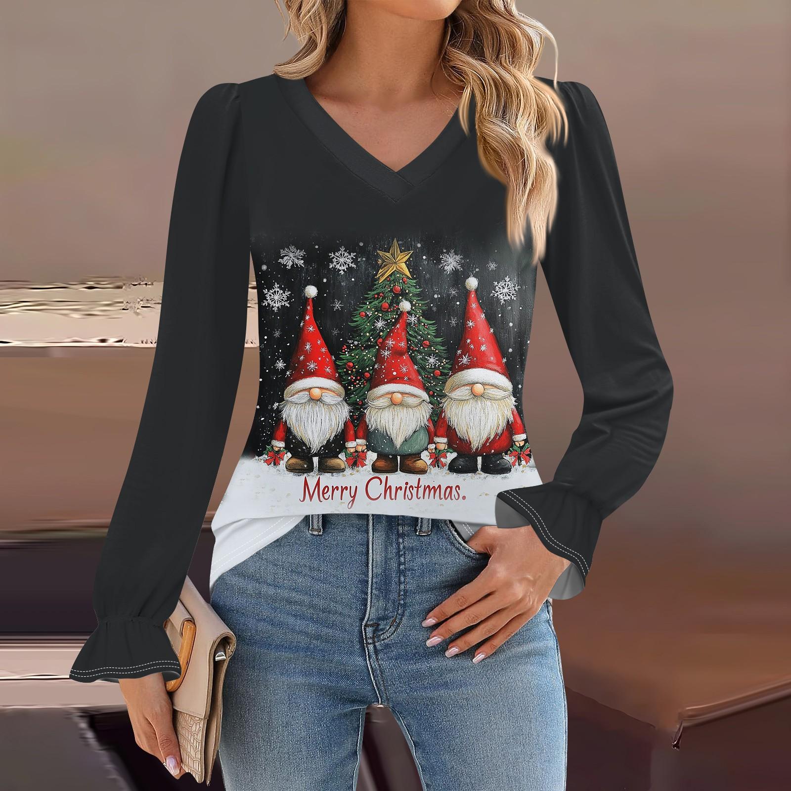 

Женская мода повседневная блузка с длинным рукавом и принтом, V-образным вырезом, рукавом-трубой L чёрный