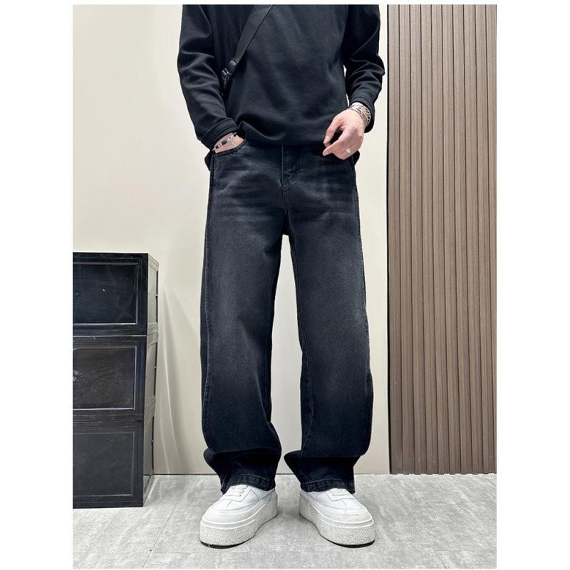 American wind wash splicing jeans new men's loose straight wide legs ruffian handsome casual trousers black tide