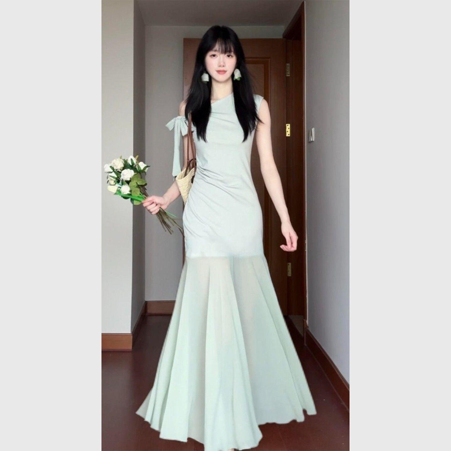 Mint Green One-Shoulder Mesh Patchwork Dress - Slim-Fit Summer Beachwear Extra Large