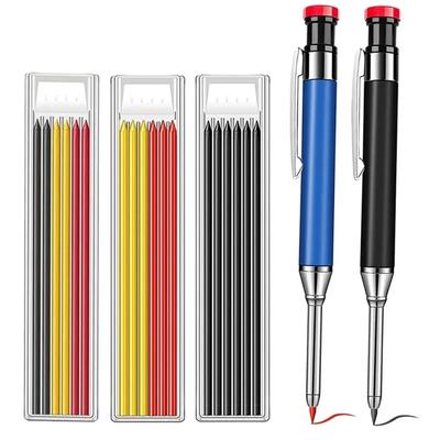 Conjunto de lápis mecânico de carpinteiro de metal sólido, apontador de lápis embutido com pontas de recarga, ferramentas de marcação de desenho de furo profundo