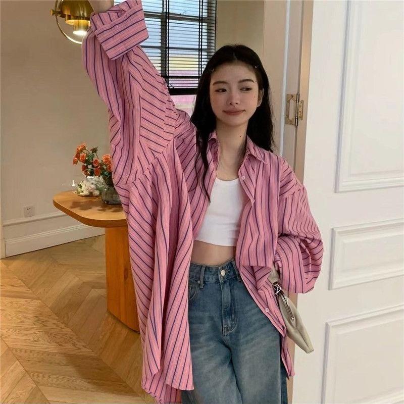 Ladies  Pink Striped Shirt Women s Turn-Down Collar Sunscreen Long Sleeved Jacket Spring Summer New Korean Style Loose Versatile Top M розовый
