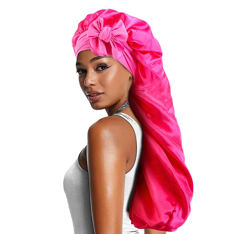 Solid Color Bowknot Braid Bonnet Classic Long Satin Bonnets Soft Sleeping Night Cap Breathable Hair Bonnets For Women Daily Use