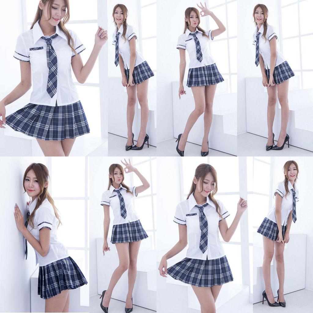 Women's Sexy Lingerie School Girl Uniform Cosplay Costume With Stylish Turn-down Collar And Pleated Skirt