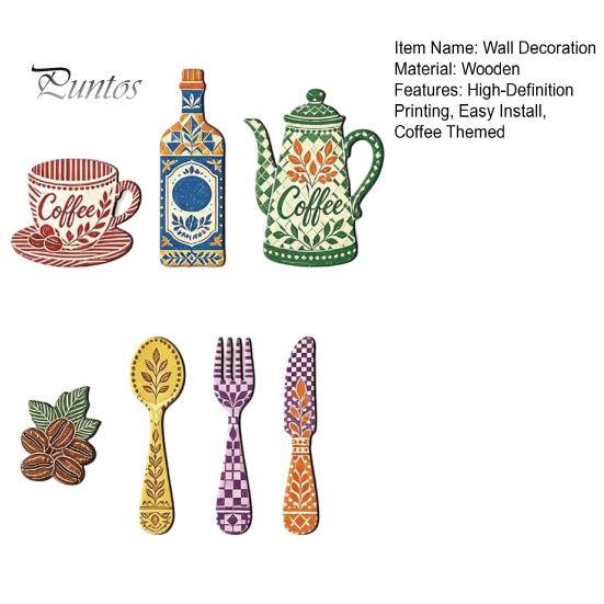 Coffee Wall Decor 7Pcs Themed Wooden Decor, 2D Flat Farmhouse Kitchen Art Retro Sign Plaques, Country Style Ornaments for Dining Room Cafe Home