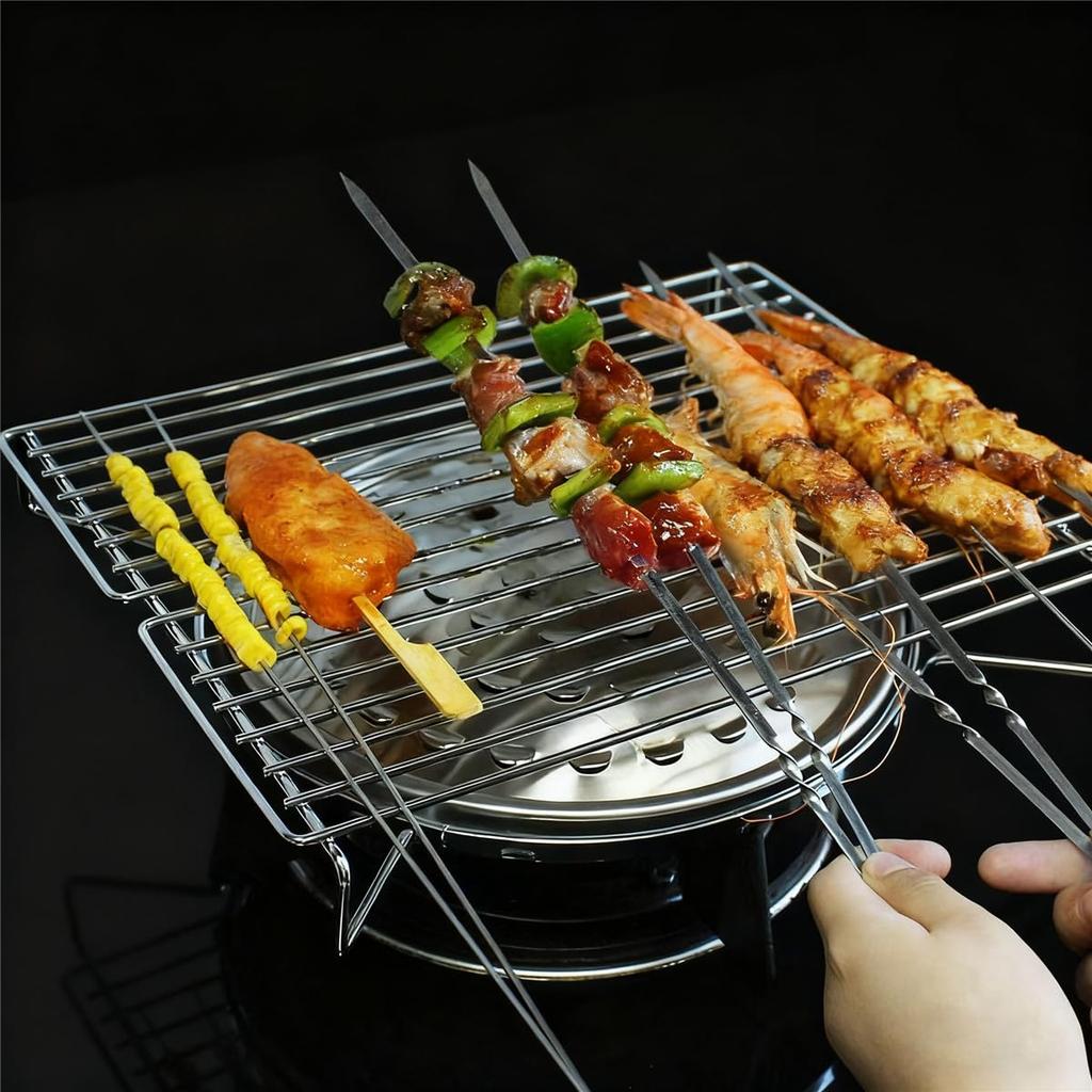Portable portable barbecue grill for home use. Easy to use on gas stoves and gas cooktops. Compact and easy to store camping grill.