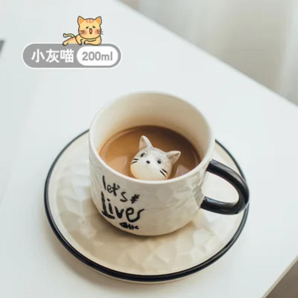 Ceramic Cat Mug for Children, Afternoon Tea, Simple Literary, Coffee Cup and Saucer, Couple Drinking Milk, Cute