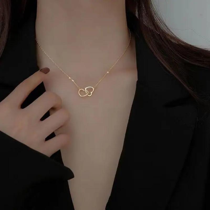 Einfache Doppelherz-Anhänger-Halskette für Frauen, Paare, Edelstahl-Choker, goldfarbene Kette, Hochzeitsfeier, Freunde, Schmuckgeschenk