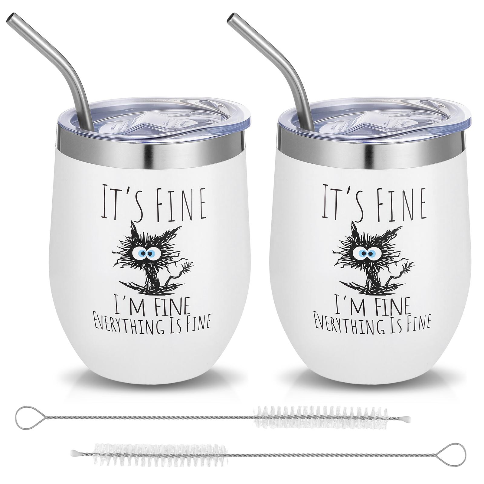 

2 Sets 12Oz Black Cat Funny Tumbler It S Fine I M Everything Is Fine Appreciation Stainless Steel Insulated Mug With Lid And Str 1 білий