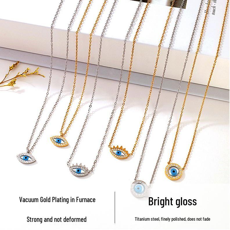 Elegant European Blue Gold-Plated Titanium Steel Eye Pendant Necklace for Women - Versatile Clavicle Chain Jewelry